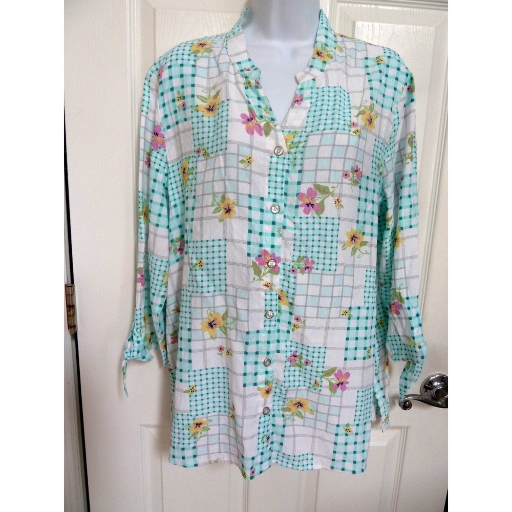 Allison Daley Women Medium Patchwork Blouse Floral Checked V-Neck Tie Sleeve Top